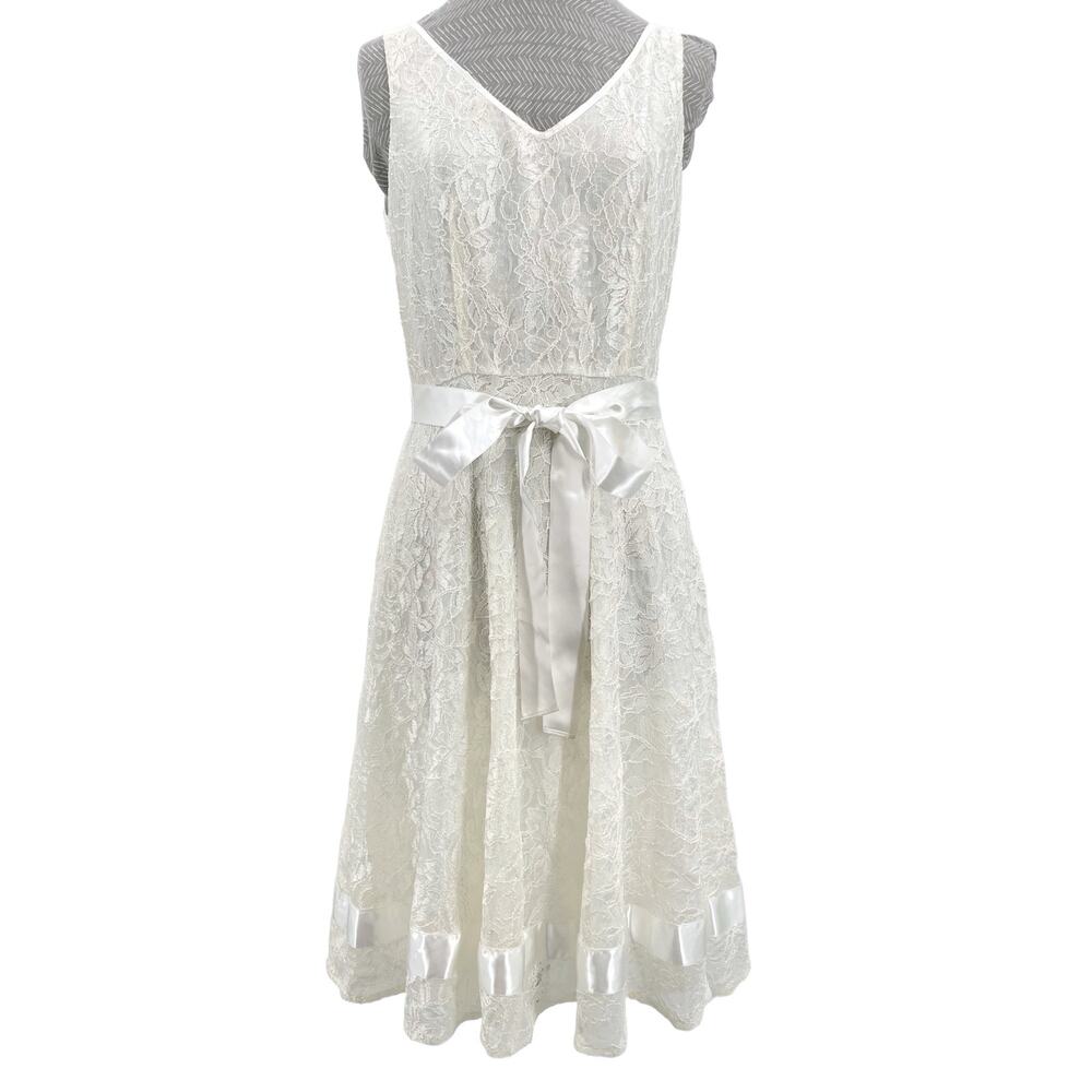 Tahari White Lace Satin Bow Dress Sleeveless V Ivory Wedding Eloping ASL Size 8